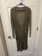 Free People Brown Ribbed Knit Snap Button Front Longline Duster Cardigan Sz S