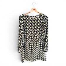 Ladies Mango Print Dress Black Green Blue Long Sleeved Satin Size Large, 12-14