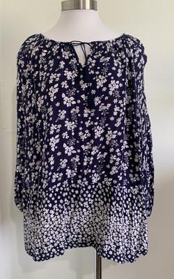Old Navy Top Womens 2X Blue White Floral Crinkle Long Sleeve Tunic Boho Peasant