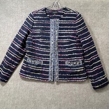 Talbots Navy Tweed Blazer Jacket Multicolor Stripe Trim Open Front Size 14