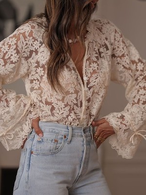 Yi22 New Arrival Women's hollow-out casual lace blouse tops 