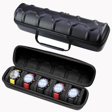 Black Leather Watch Storage Box with 5 Card Slots, Black Portable Travel Storage
