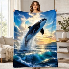 Orca Breaching At Sunset Coral Fleece...