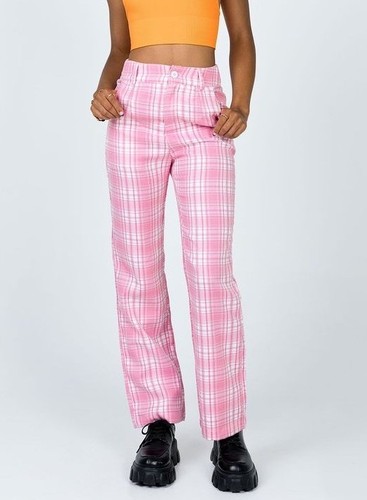 NWT PRINCESS POLLY Sugar Sugar Pink Plaid Pants Straight Leg Trousers Soft Sz 2