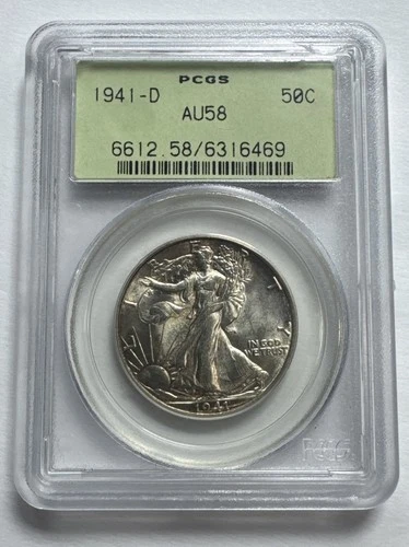 1941 D Walking Liberty Half Dollar 50 C PCGS Certified AU58  Older Slab Label