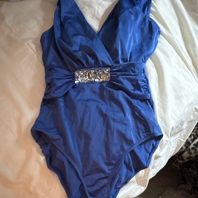 Jaclyn Smith Collection Women s Blue Solid One-Piece Swimsuit Beaded Accent 12
