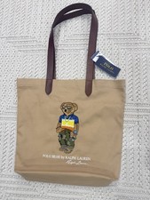 Polo Ralph Lauren Polo Bear Twill Shopper Tote Bag Tan Canvas Leather Trim OS