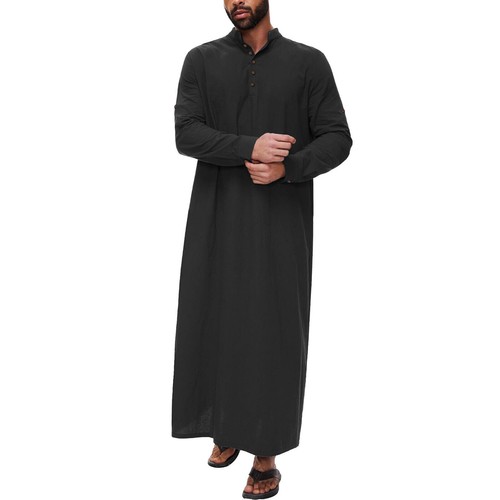 Abito lungo uomo cotone lino arabo gonna alta colletto bottoni abito musulmano - Foto 13 di 20