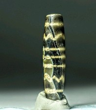 Pre-1800sbTibetan Opalized Petrified Palmwood 5 Line Water Wave Pum Dzi Bead