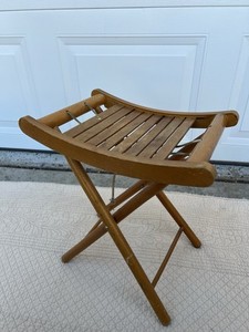 Vtg Mid Century Slatted Wood Folding Stool, Yugoslavia, 15" H x 9.5" W, Wobbles