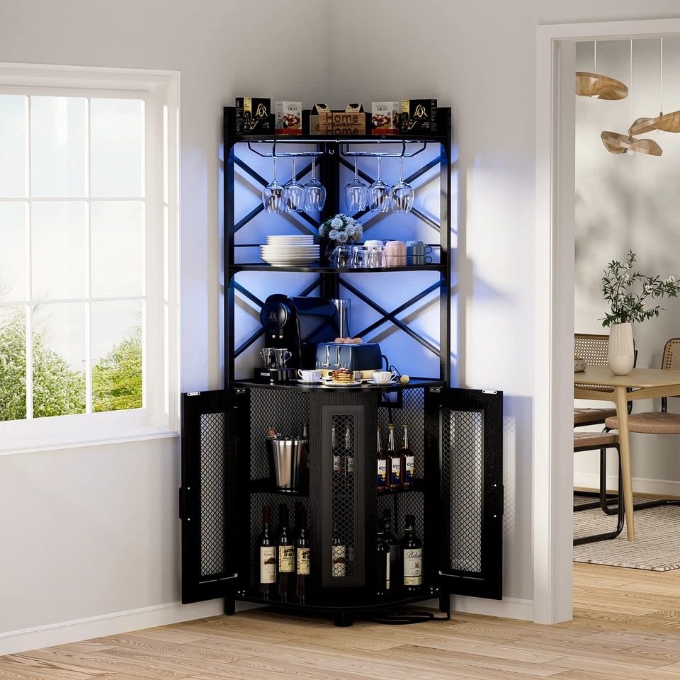 Corner Wine Bar Cabinet with Power Outlets and LED Lights and Wine Glass Holder - Image 3 of 4