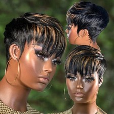 Short Pixie Cut 100 Human Hair Wigs Side Part With Bangs Black Short Human Hair