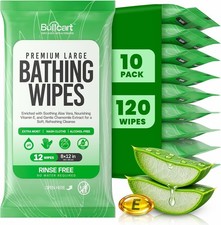 10 Pack, 120 XL Body Wipes for Adults Bathing No Rinse, Bathing Wipes with Aloe,
