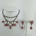 Vintage Pink Satin Glass & Milk Glass Rhinestone Necklace & Earrings Set
