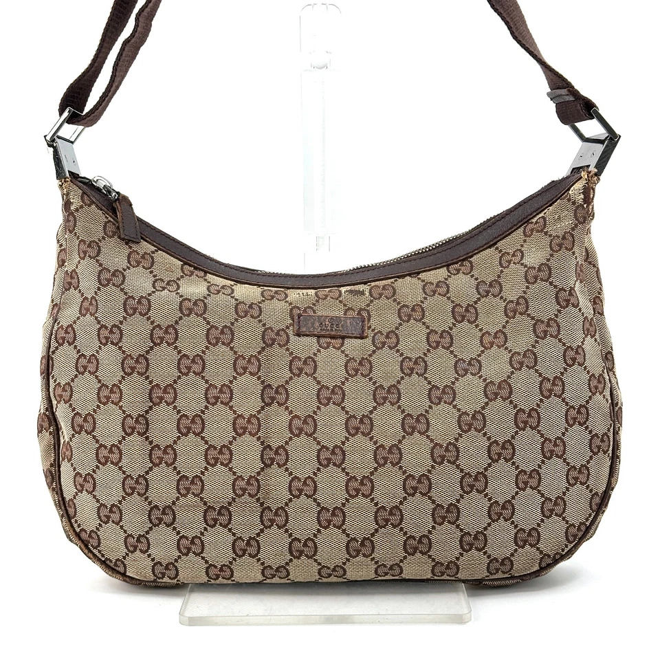 Bolsa de ombro Gucci GG lona hobo acabamento em couro marrom autêntica - Imagem 2 de 4