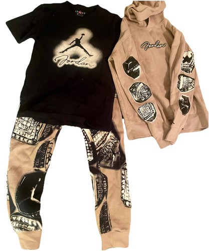 Jordan Boys Tan/Black Graphic Print Fleece Hoodie T-Shirt Pants 3-Piece 12-13Y