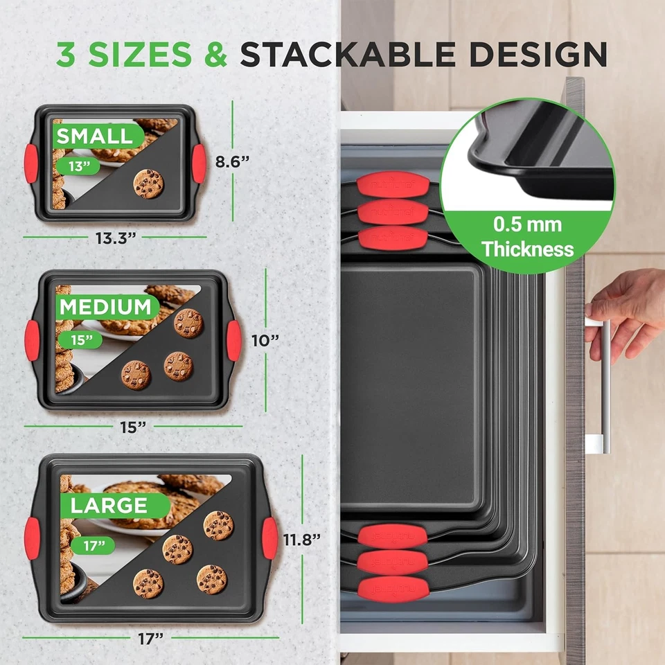 3PCS Kitchen Oven Baking Pans Nonstick Baking Sheets Set Metal Bakeware - Image 2 of 4
