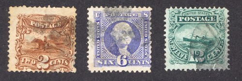 USA, 1869, Mi 27/29/31, 2 cent Pony-Express, 6 cent Washington, 12 cent Schiff