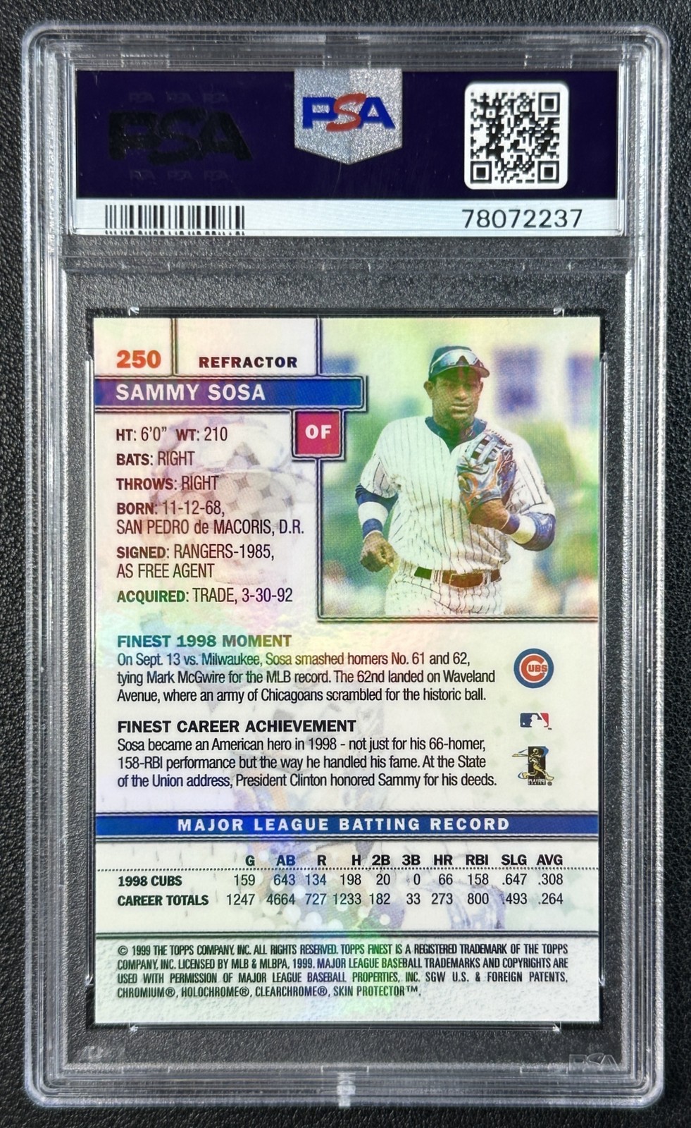 POP 2! SAMMY SOSA PSA 10 1999 TOPPS FINEST #250 REFRACTOR CUBS 2237 view 2