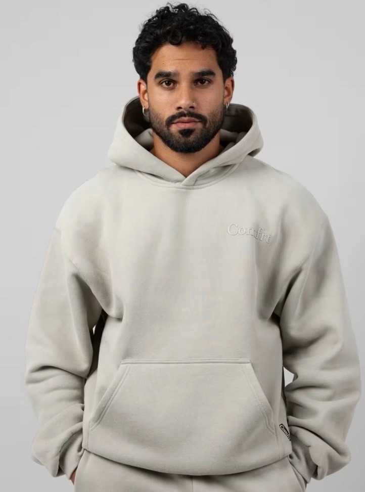 New Comfrt Minimalist Hoodie Med Cement Beige Fleece Oversized Cozy Heavyweight