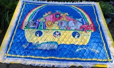 Homemade Noah  s Ark Baby Quilt 36X44 Two Sided Design With Lace Blue