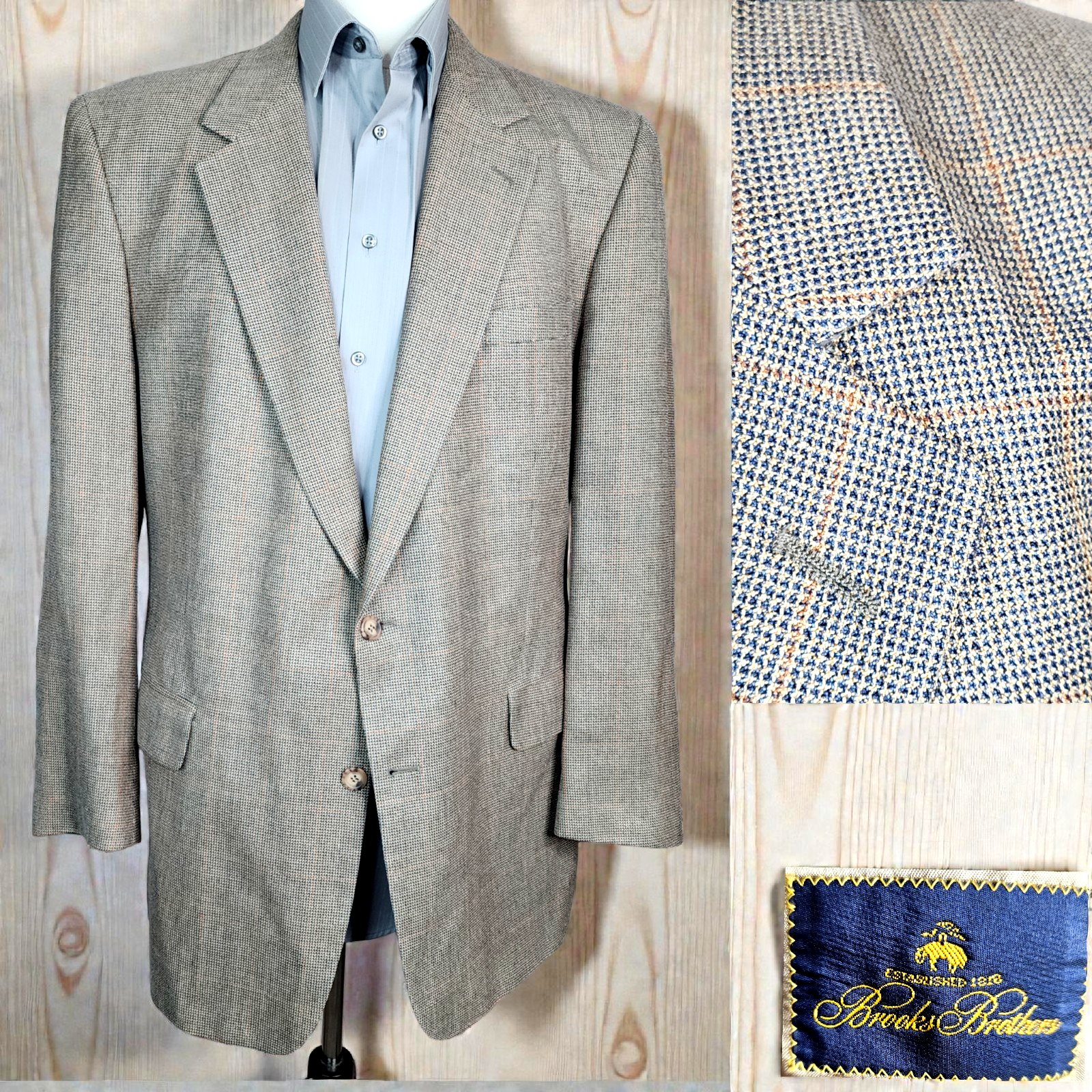 Brooks Brothers Sport Coat Blazer Mens 42L Beige Windowpane Check Vintage