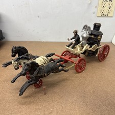 Vintage rare cast iron 2 Firemen in 3 Horse Drawn Pumper Wagon
