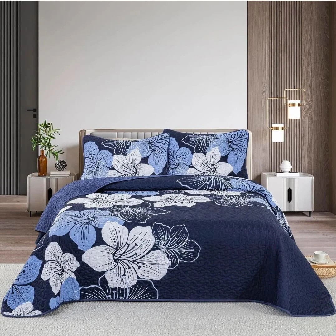 Dark Blue Floral Coverlet Set Quilted Bedspread Sets 3Pcs eBay
