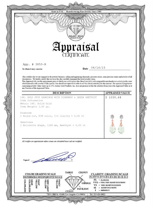 Aretes de oro rosa macizo de 14 k de 6,06 quilates con diamante amatista verde Foto 4 de 4