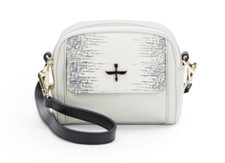 New Pour La Victoire Mini Embossed Leather Bag Goldtone Zip Closure White Grey 
