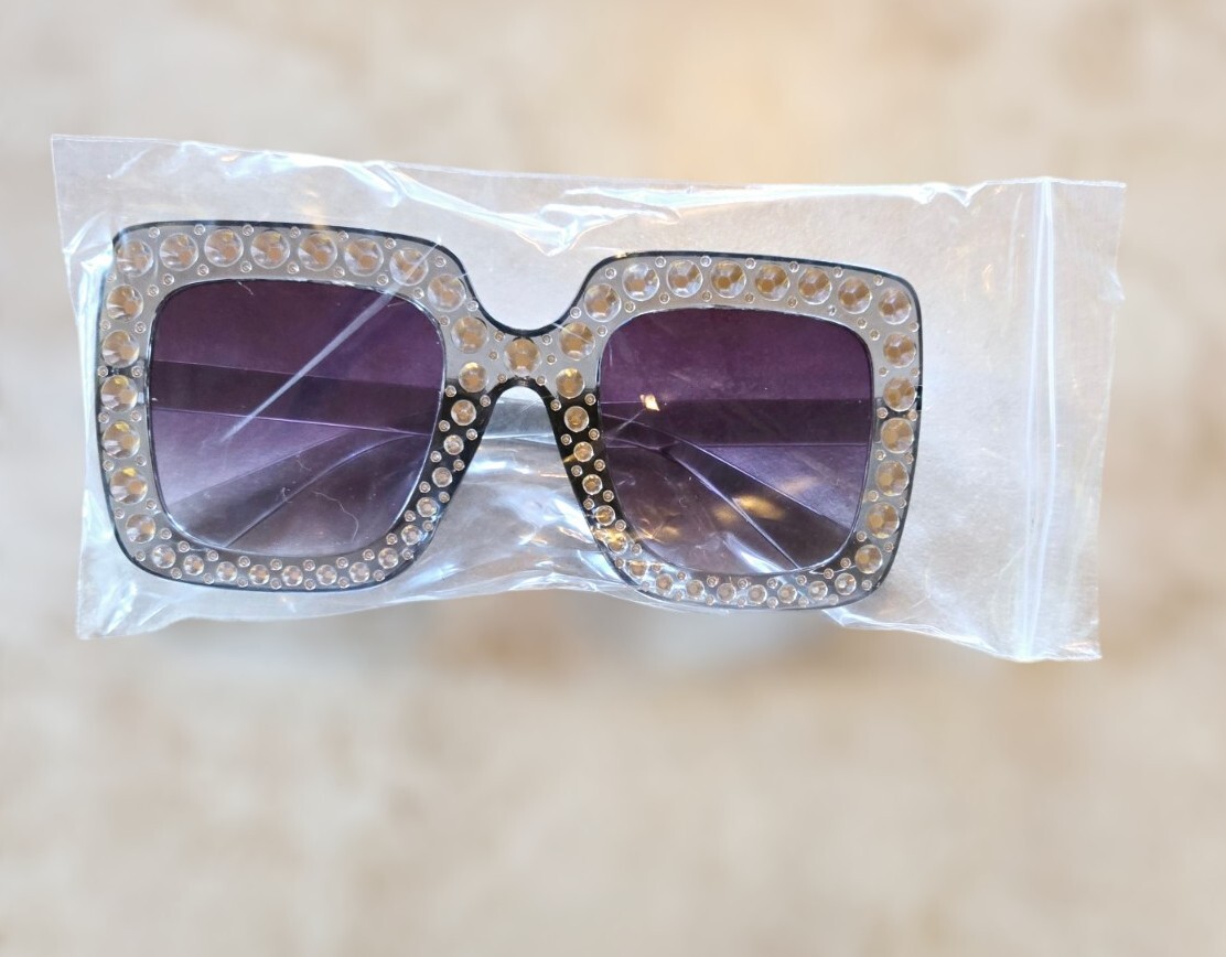 Sparkling Clear Crystal Sunglasses for Women with Purple Square Frames