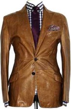 Men's Vintage 100 Genuine Lambskin Leather Two Button Blazer Brown Coat Jacket