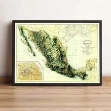 Mexico Map, Mexico 2D Relief Map, Mexico Vintage Map - 2D Flat