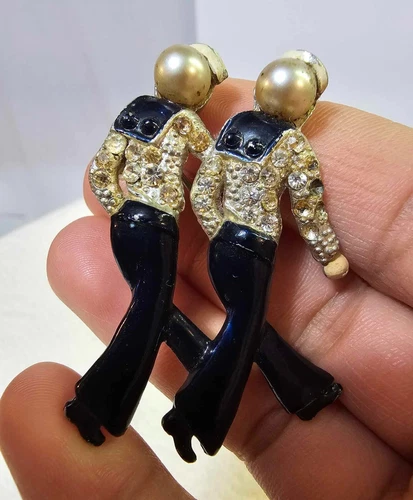 Art Deco WWII 1940's Rhinestone & Enamel Patriotic Sailor Brooch Silvertone-READ
