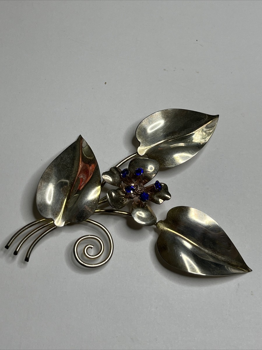 Huge Beautiful Vintage Flower Sterling Silver & Simulated Sapphire