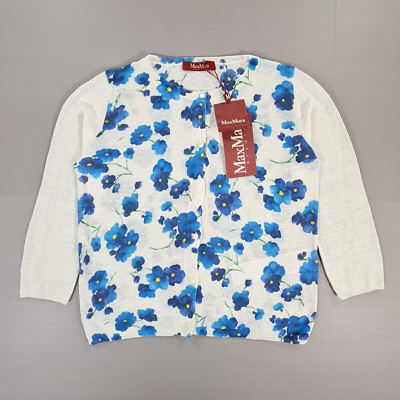 Weekend Max Mara Damen Strickjacke weiß blau kleine Blumen Leinenmischung weicher Strick