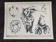 RARE Wade Swisher 1992 A28 Flash Sheet Tattoo Art Vintage Skull Wizards