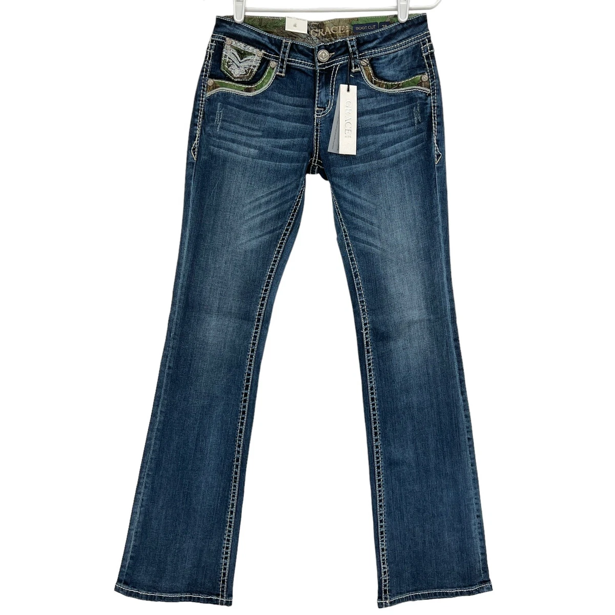 GRACE in LA Women Boot Cut Camo Embroidered Flap Pockets Jeans Sz