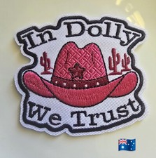 1pce Iron On Patch 'In Dolly We Trust' Embroidery 7x8cm