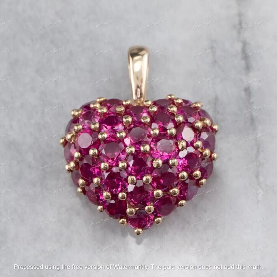 3Ct Round Cut Created Ruby Cluster Heart Pendant Necklace 14K Yellow Gold Over