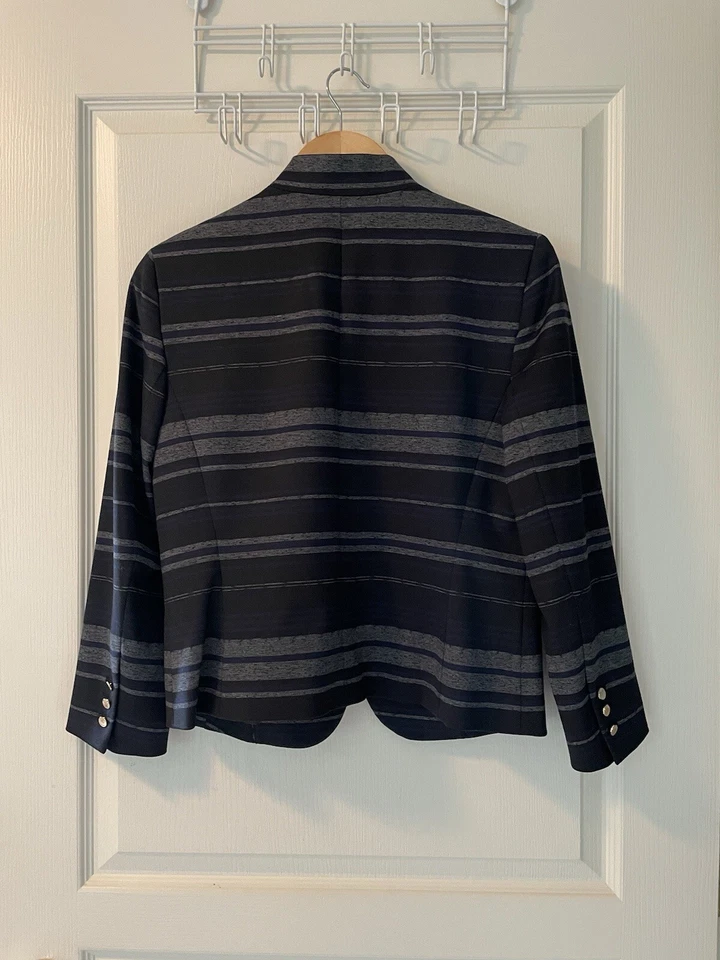 Anne Klein Women Jacket Band Collar Open Front Striped Black Grey Blazer Sz S - Image 2 of 4