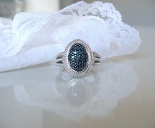 Halo Engagement Women's Ring Round Cut Lab-Created London Blue Topaz 925 Silver