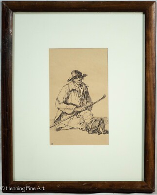 Beautiful Vintage Ink Drawing of a Shepherd after British Artist Thomas Barker