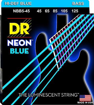DR NBB5-45 5 string Hi-Def Neon Blue Coated Bass Guitar Strings 45-125 MED