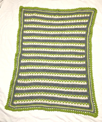 Lap Blanket Crochet Handmade 30 x 40 Green Warm White Cozy Cottagecore Farmhouse