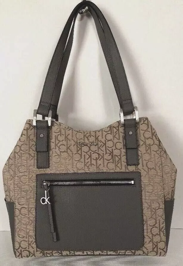 New Calvin Klein CK Logo Jacquard Center Zip Hobo Carryall handbag Grey Grey