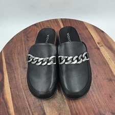 Vionic Georgie Shoes Women's 8 Black Leather Chain Mule Clog Loafers Comfort