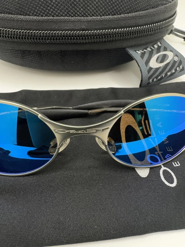 Oakley Wire Sunglasses Vintage Metal silver frame Ocean Blue Polarized Lenses - Image 2 of 4