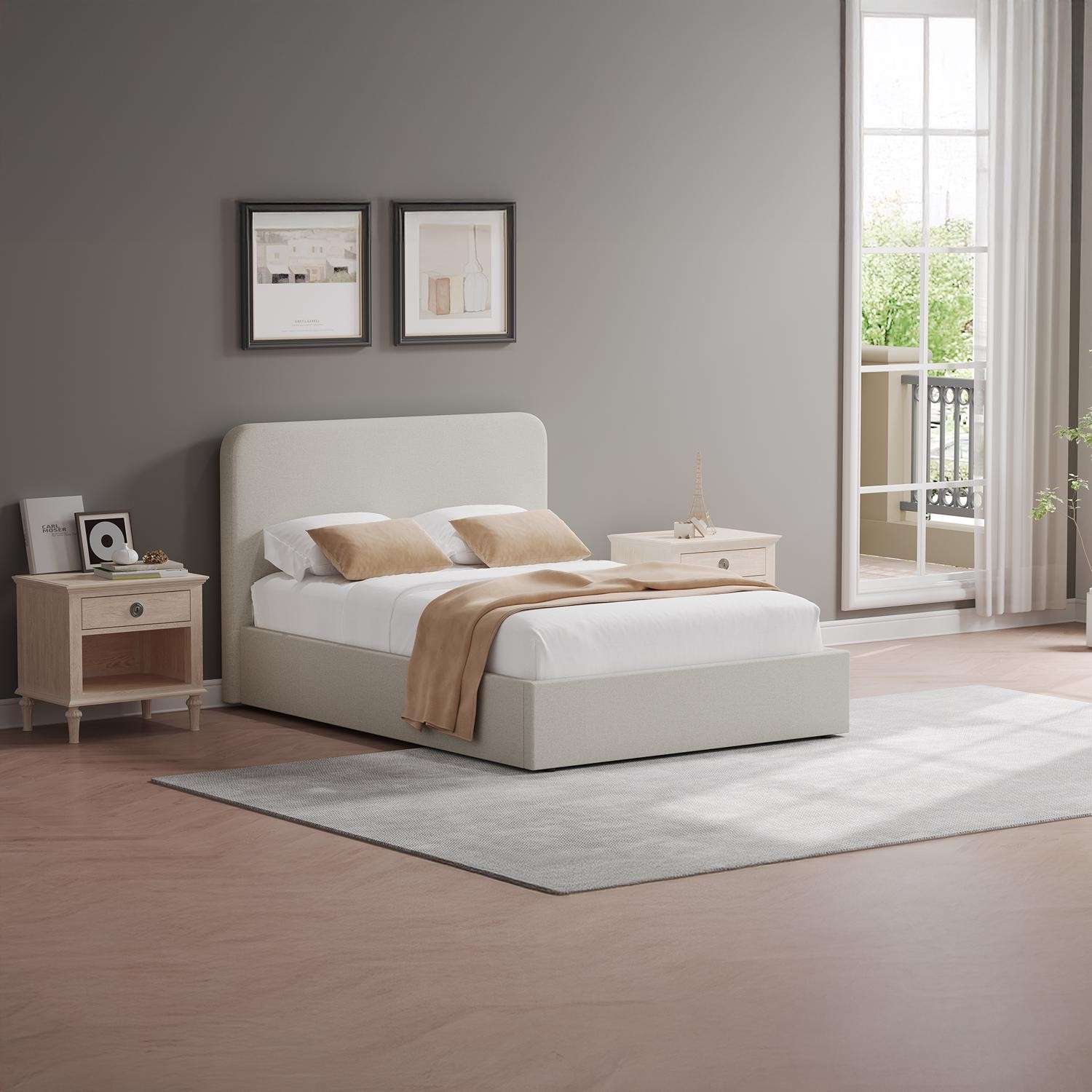 Beige Double Ottoman Bed Frame Upholstered Hydraulic Gas Lift Linen Padded