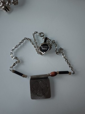 Estate JJ Signed Silvertone Chain with Black Barrel & Brown Wood Bead & Dogwood 
